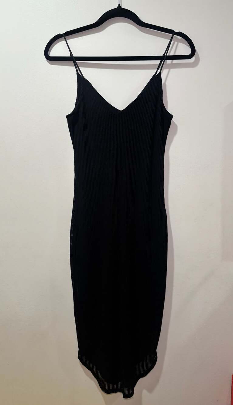 Express Women’s XS Black Ribbed Mesh Stripe Bodycon Midi Slip Dress
